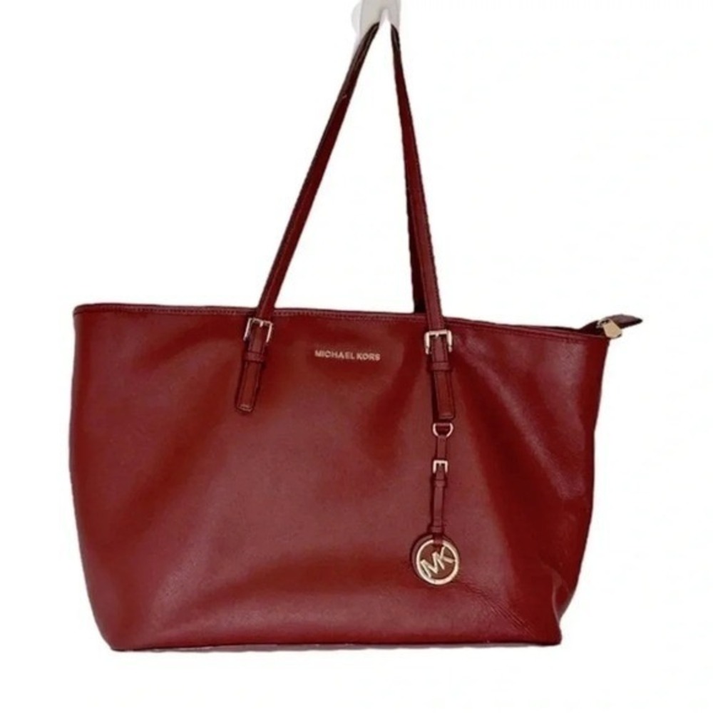 Michael Kors Tote Bag Large Burgundy Saffiano Leather Jet Set Travel Zip Top